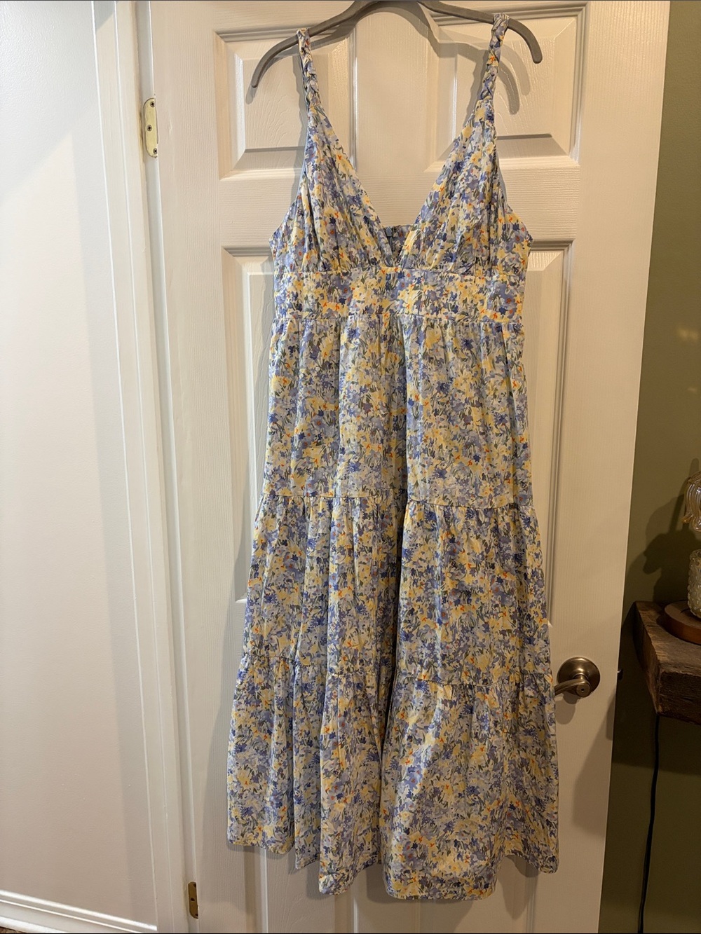Lulu's Blue and Yellow Floral Tiered Midi Dress